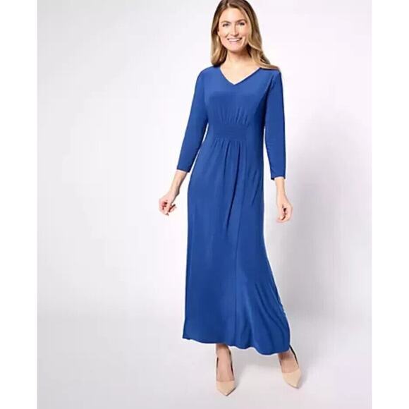 New Attitudes by Renee Petite Size Large Smock waist V-Neck Maxi Dress Blue QVC - Picture 1 of 5